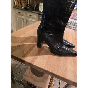 Via Spiga Crocodile Leather Mid Calf VTG Pointed Ankle Boots Black SZ 7 Italy